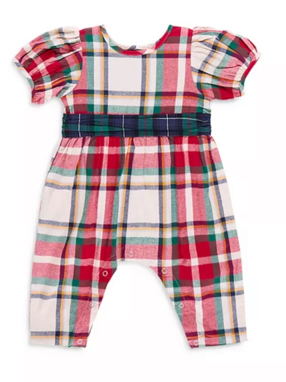 Pink Chicken Plaid Puff-Sleeve Romper in Red, Green, Cream